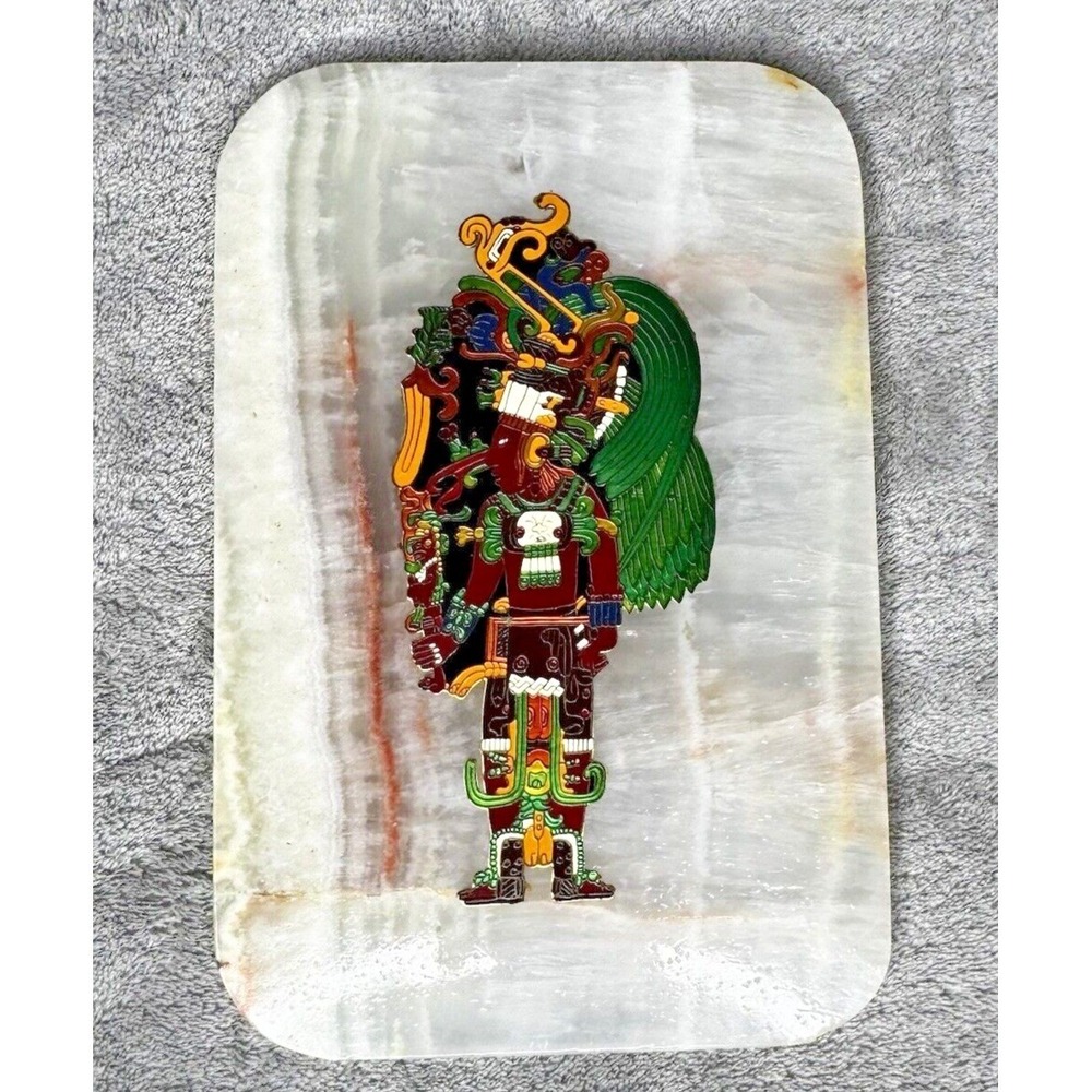 Mayan Aztec Warrior White Onyx Stone Wall Art‎ Plaque Enamel 8.3" x 5.6"